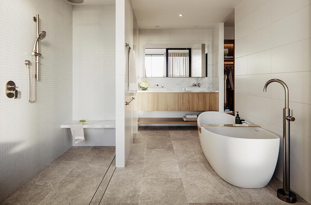 hotle bathroom double sink and white freestanding bathtub