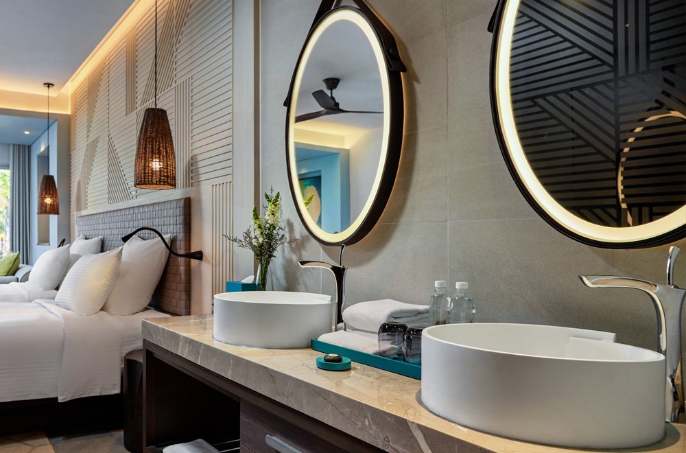 countertop sink with cabinet and double led mirror