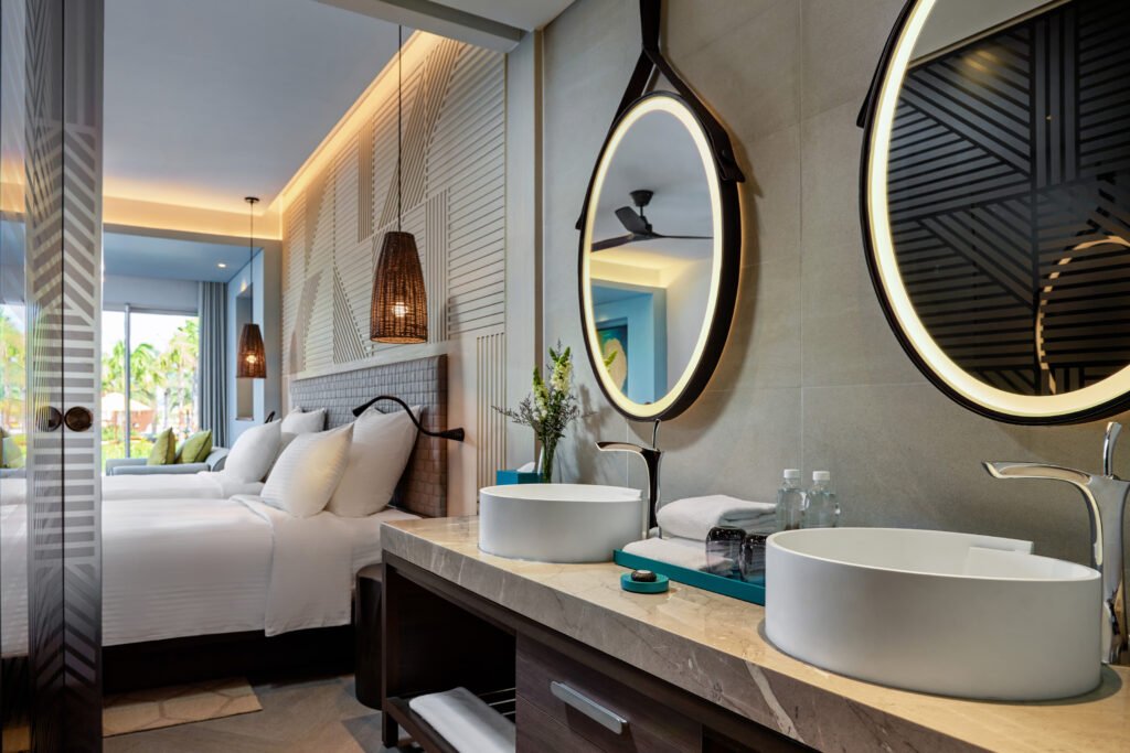 five star hotel double wash basin countertop with cabinet