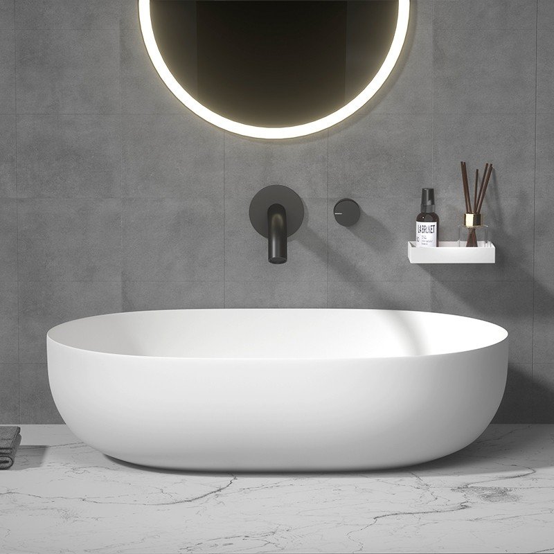 KKR-1151 Oval Solid Surface Vessel Sink – Matte White | Modern Countertop Basin - Image 4