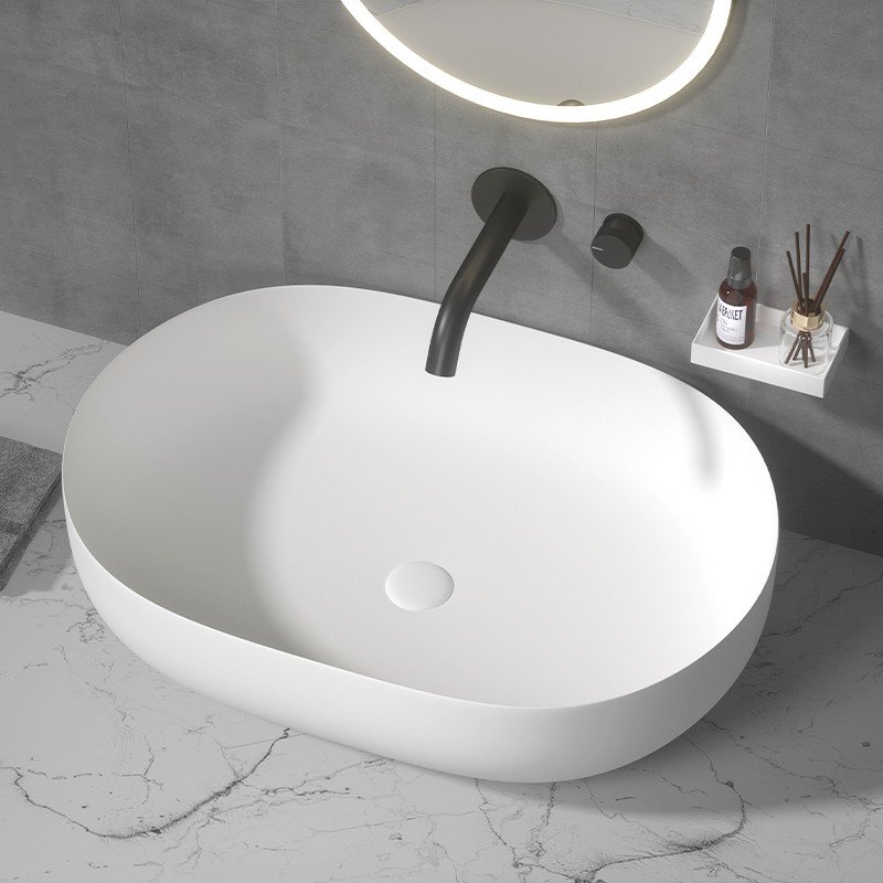 KKR-1151 Oval Solid Surface Vessel Sink – Matte White | Modern Countertop Basin - Image 3