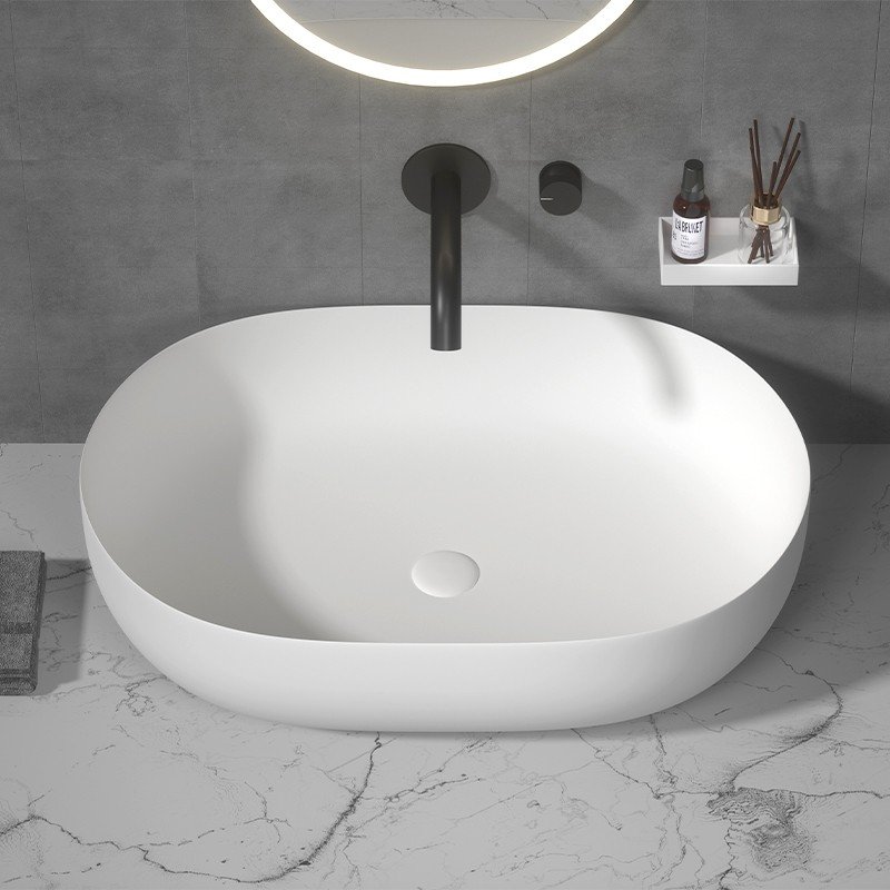 KKR-1151 Oval Solid Surface Vessel Sink – Matte White | Modern Countertop Basin - Image 2