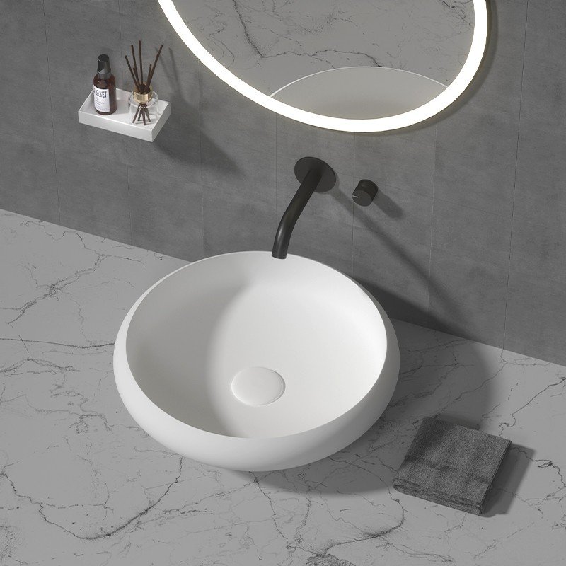 KKR-1153 Round Solid Surface Vessel Sink – Matte White | Modern Countertop Basin - Image 2