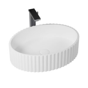 KKR-1169 Fluted Oval Solid Surface Vessel Sink – Matte White | Designer Countertop Basin