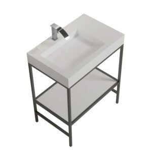 KKR-1340 Solid Surface Console Sink with Metal Frame – Compact Freestanding Bathroom Basin for Hotels & Apartments