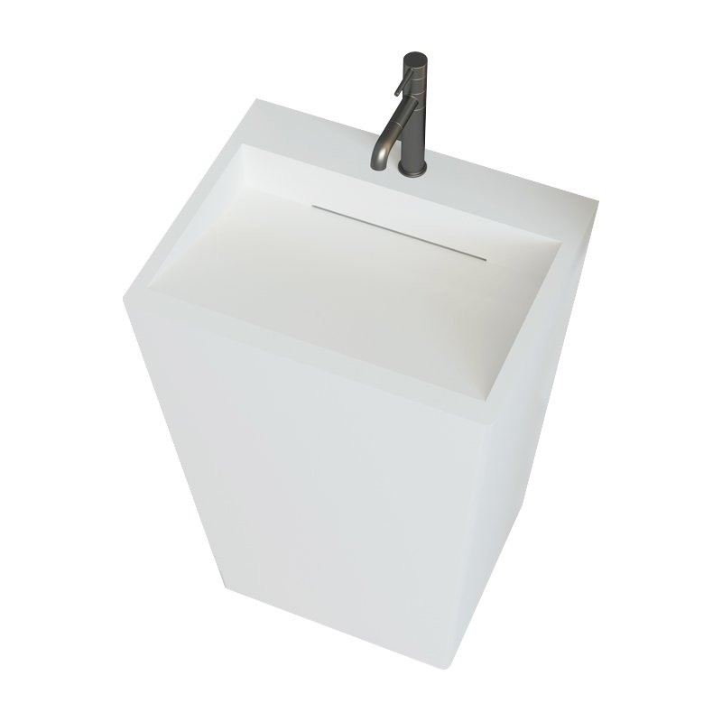 KKR-1384 Geometric Freestanding Solid Surface Pedestal Sink with Integrated Linear Drain Design