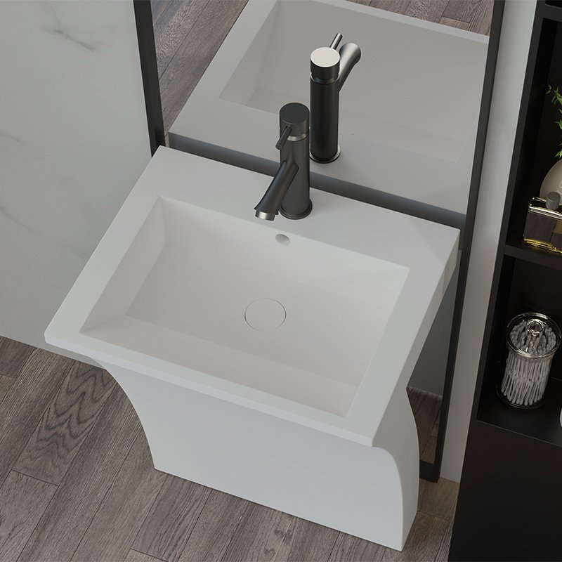 KKR-1393 Solid Surface Pedestal Sink with Sculpted Curved Base for Luxury Hotel & Commercial Bathrooms - Image 5