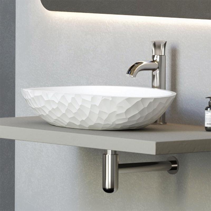 KKR-2125 Textured Oval Solid Surface Vessel Sink – Matte White | Designer Countertop Basin - Image 4