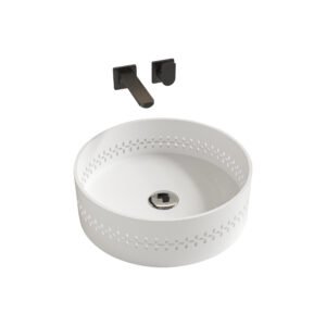 KKR-2128 Decorative Hollow-Pattern Round Solid Surface Vessel Sink – Matte White | Designer Countertop Basin