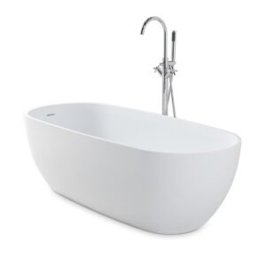 KKR-B027 Oval Freestanding Solid Surface Bathtub – Matte White | Modern Minimalist Deep-Soaking Tub