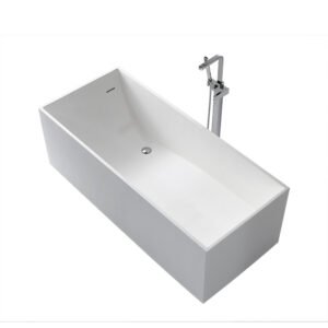 KKR-B029 Ergonomic Rectangular Freestanding Solid Surface Bathtub – Matte White | Deep-Soaking Comfort with Curved Interior