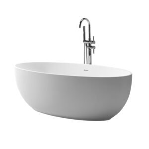 KKR-B066 Oval Freestanding Solid Surface Bathtub – Matte White | Ultra-Thin Rim Modern Soaking Tub