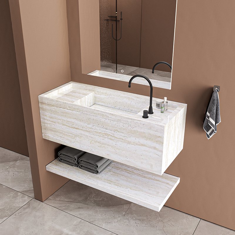 Custom Warm Beige Marble Wall Hung Sink with Integrated Basin | Solid Surface Floating Marble Bathroom Sink – M8865 Linear Stone Texture - Image 3