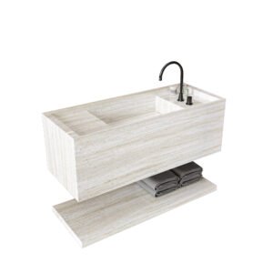 Custom Warm Beige Marble Wall Hung Sink with Integrated Basin | Solid Surface Floating Marble Bathroom Sink – M8865 Linear Stone Texture