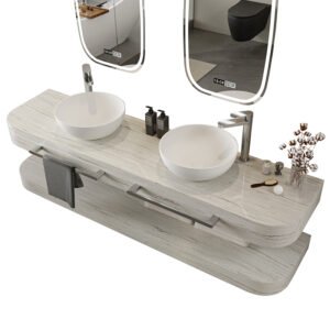 M8883 Marble Color Curved Cabinet Basin with Integrated Solid Surface Vanity