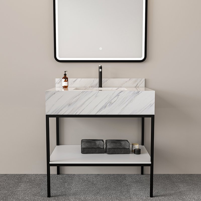 Custom Marble Pattern Solid Surface Console Sink with Metal Frame for Hotel & Commercial Bathrooms - Image 2