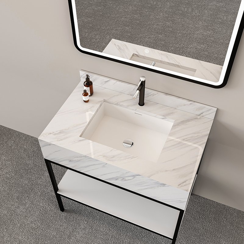Custom Marble Pattern Solid Surface Console Sink with Metal Frame for Hotel & Commercial Bathrooms - Image 3