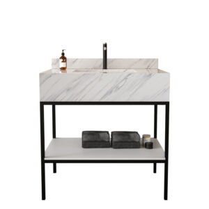 Custom Marble Pattern Solid Surface Console Sink with Metal Frame for Hotel & Commercial Bathrooms