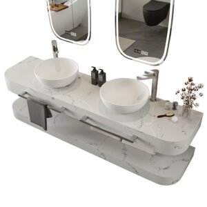 M8921 Marble Pattern Solid Surface Vanity Cabinet with Double Bowl Basin