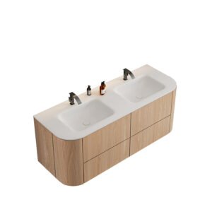 Solid Surface Double Integrated Sink Vanity with Soft Rounded Corners – Natural Wood Finish Cabinet