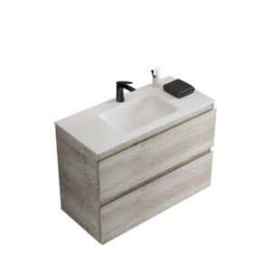 Custom Wood Tone Bathroom Vanity with Integrated Solid Surface Sink