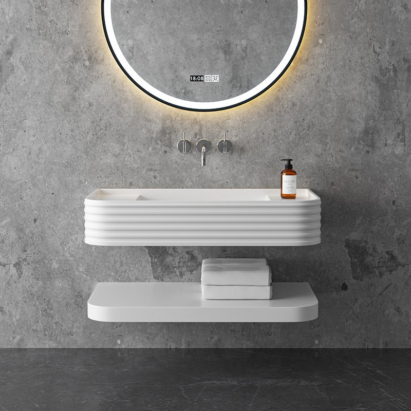 Wall Hung Sculptural Solid Surface Sink with Integrated Shelf Design - Image 3