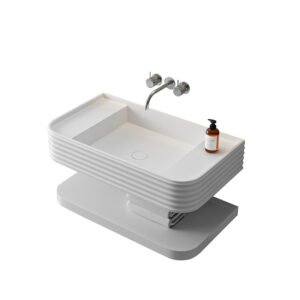 Wall Hung Sculptural Solid Surface Sink with Integrated Shelf Design