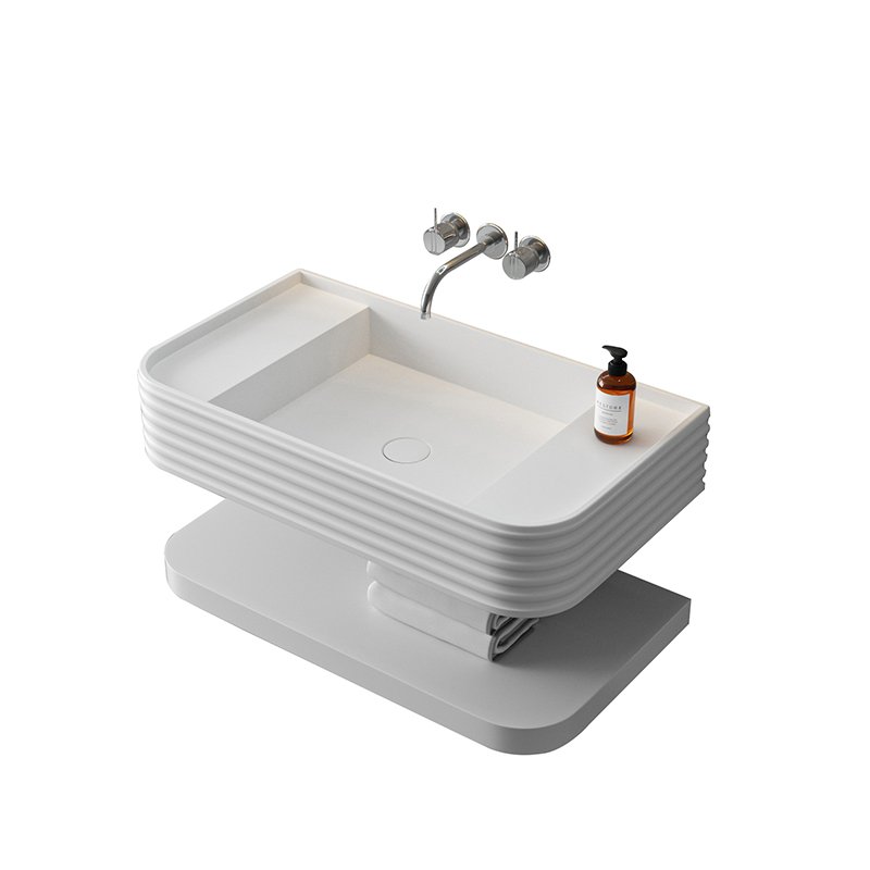Wall Hung Sculptural Solid Surface Sink with Integrated Shelf Design