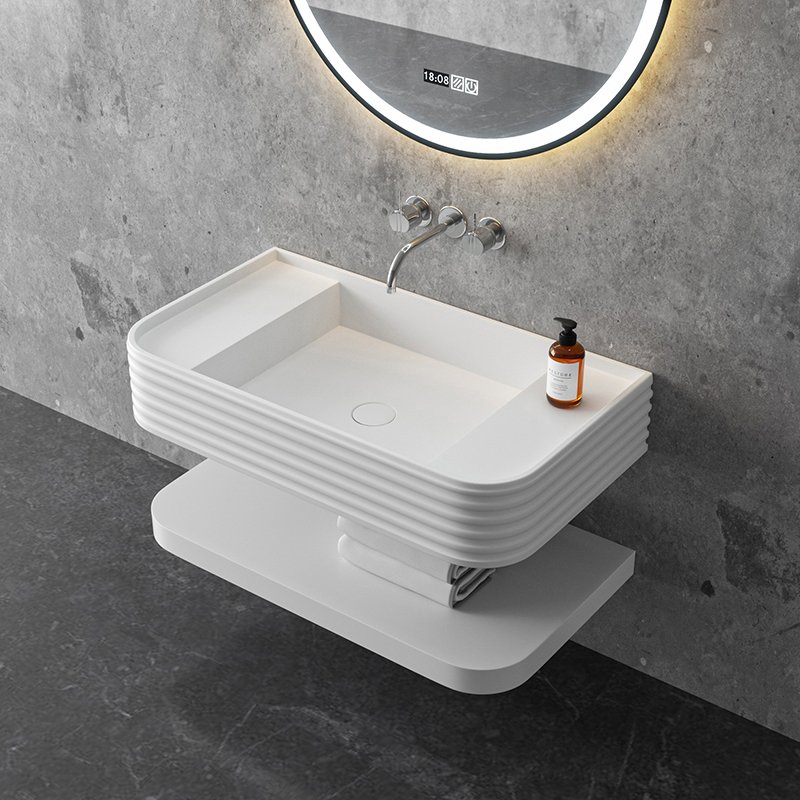 Wall Hung Sculptural Solid Surface Sink with Integrated Shelf Design - Image 2