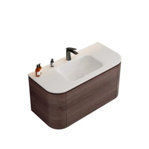 Solid Surface Integrated Sink Vanity with Soft Rounded Corners and Wood-Grain Cabinet