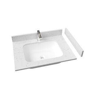 30" Calacatta-Style Solid Surface Bathroom Vanity Countertop with Undermount Rectangular Sink, Includes Backsplash & Sidesplash | KKR