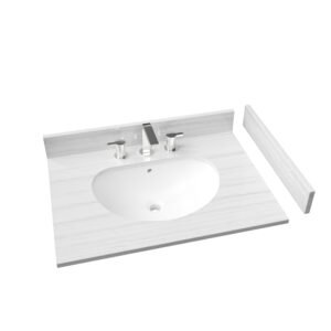 30" Light Linear Marble Style Solid Surface Bathroom Vanity Countertop with Undermount Oval Sink, Includes Backsplash & Sidesplash | KKR