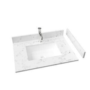 30" Modern White Marble Look Solid Surface Bathroom Countertop with Rectangular Undermount Sink, Includes Backsplash & Sidesplash | KKR