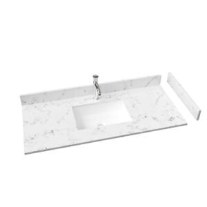 48" Modern White Marble Look Solid Surface Bathroom Countertop with Integrated Rectangular Sink, Includes Backsplash & Sidesplash | KKR