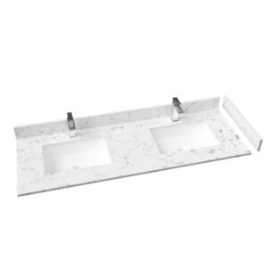 60" Modern White Marble Look Solid Surface Bathroom Countertop with Double Rectangular Sinks, Includes Backsplash & Sidesplash | KKR