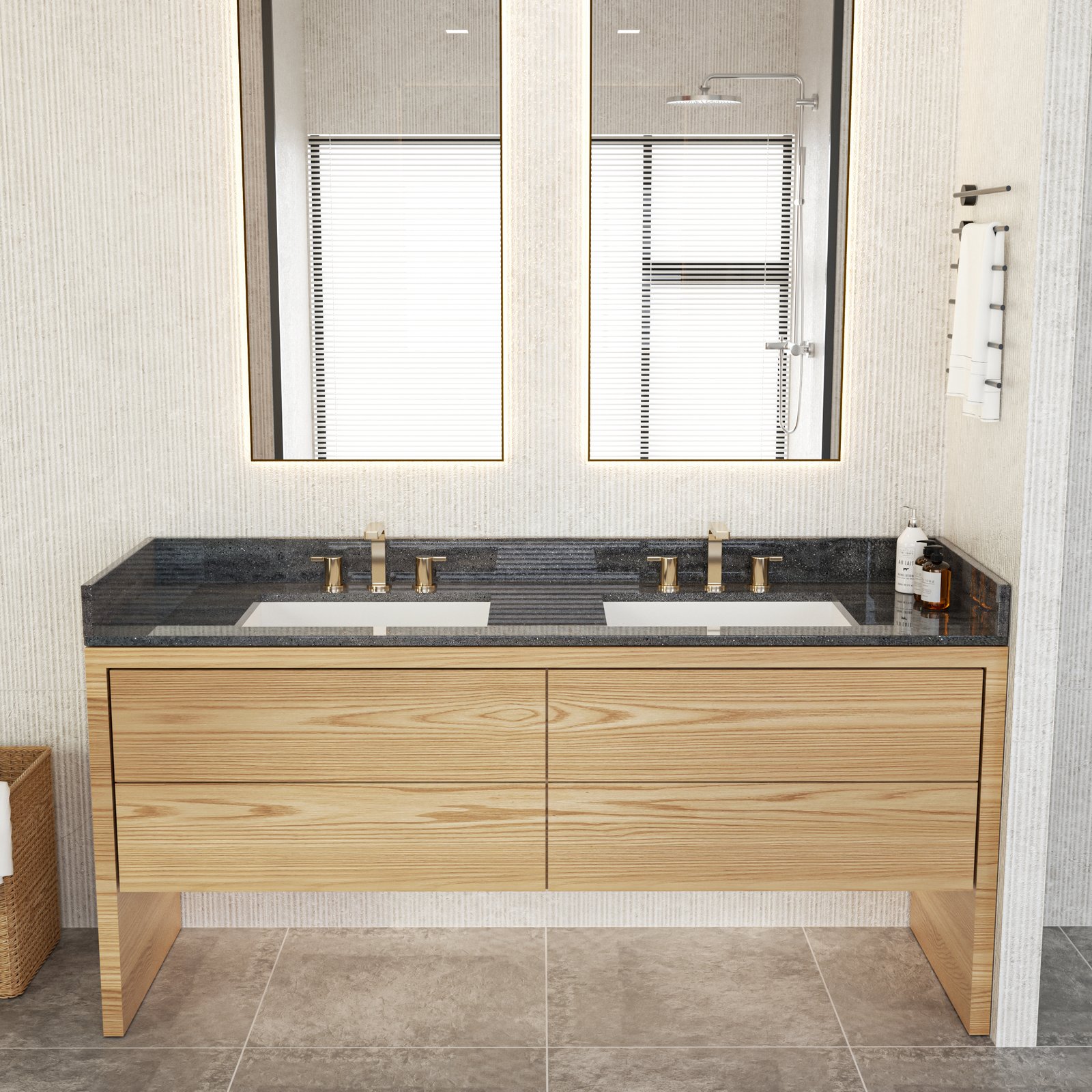 72 Inch Dark Gray Stone Look Solid Surface Double Sink Vanity Top | Hotel & Commercial Bathroom Countertop - Image 4