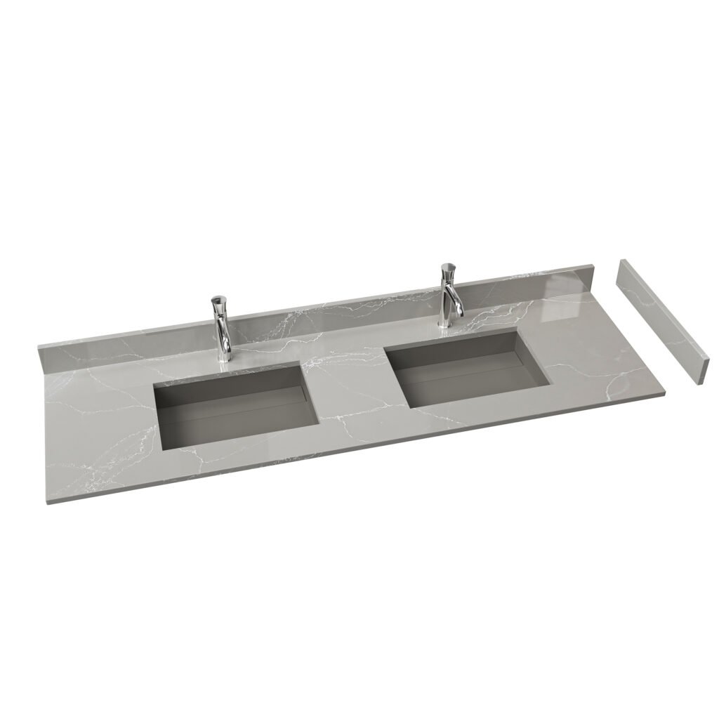 72 Inch Marble-Effect Double Sink Vanity Top | Gray Veined Solid Surface Bathroom Countertop for Hotel Projects