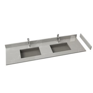 72 Inch Marble-Effect Double Sink Vanity Top | Gray Veined Solid Surface Bathroom Countertop for Hotel Projects