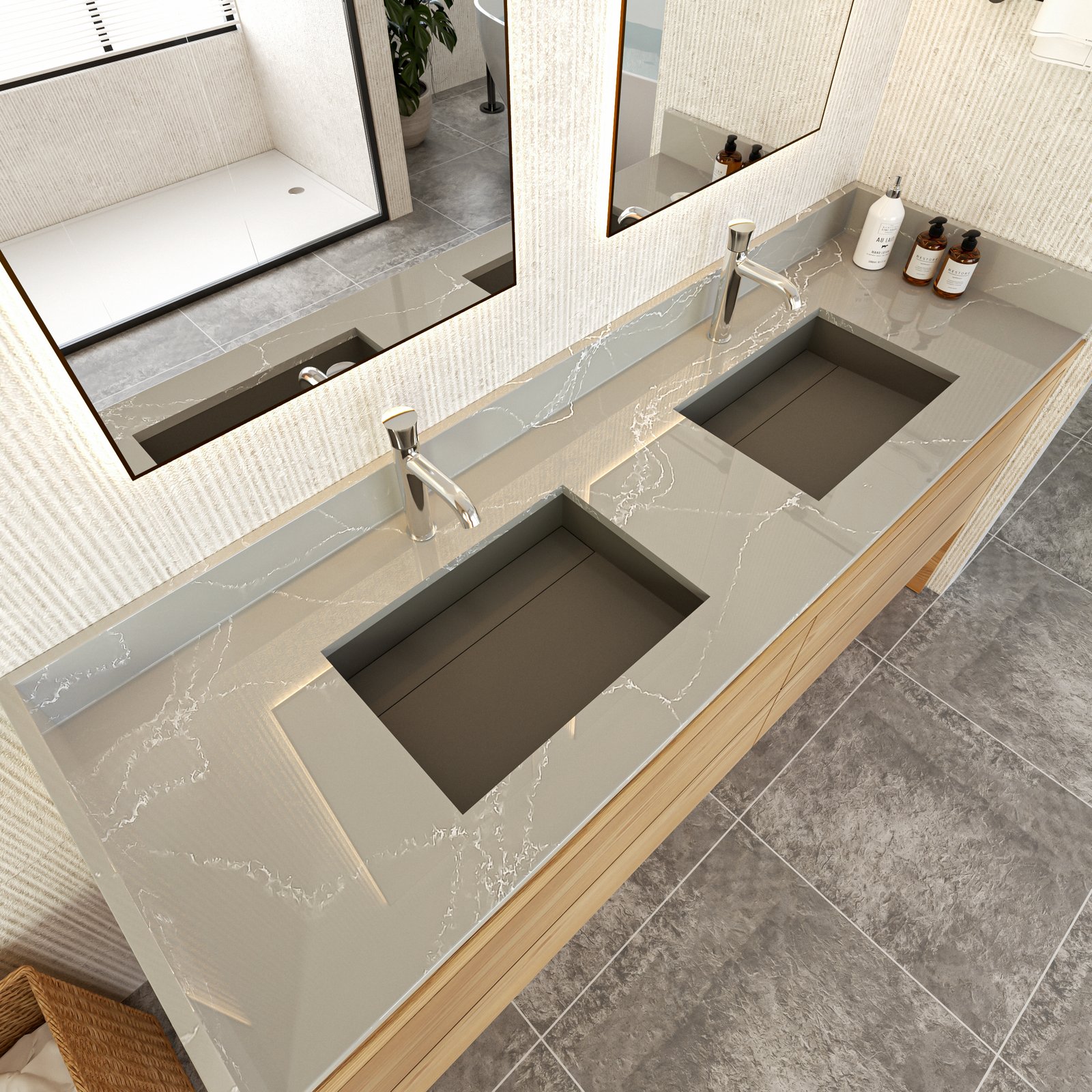 72 Inch Marble-Effect Double Sink Vanity Top | Gray Veined Solid Surface Bathroom Countertop for Hotel Projects - Image 5