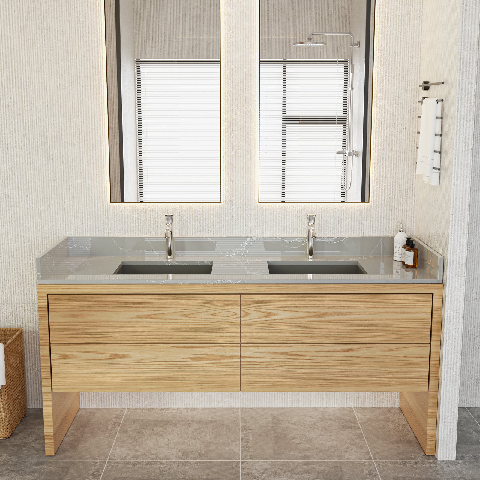 72 Inch Marble-Effect Double Sink Vanity Top | Gray Veined Solid Surface Bathroom Countertop for Hotel Projects - Image 4