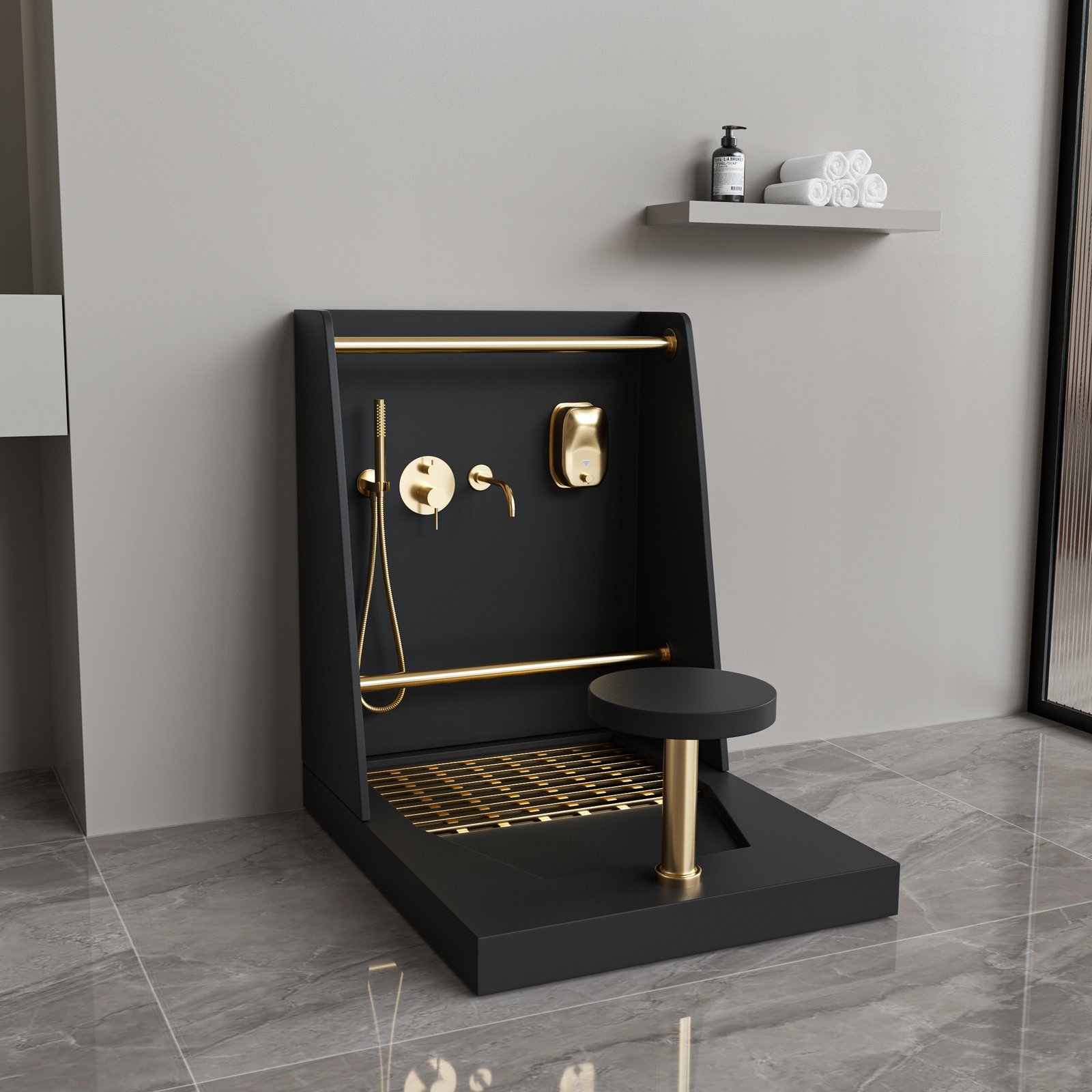 Black Solid Surface Wudu Sink with Gold Accessories | Modern Ablution Sink Station for Mosque & Prayer Areas - Image 2