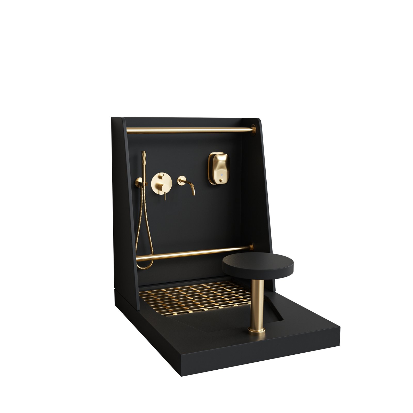 Black Solid Surface Wudu Sink with Gold Accessories | Modern Ablution Sink Station for Mosque & Prayer Areas