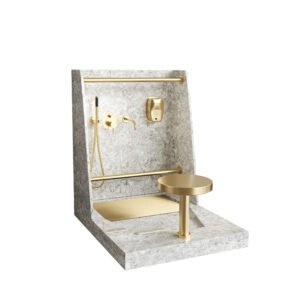 Marble Patterned Solid Surface Wudu Sink with Seat & Hand Shower | Custom Islamic Ablution Station for Mosques & Hotels