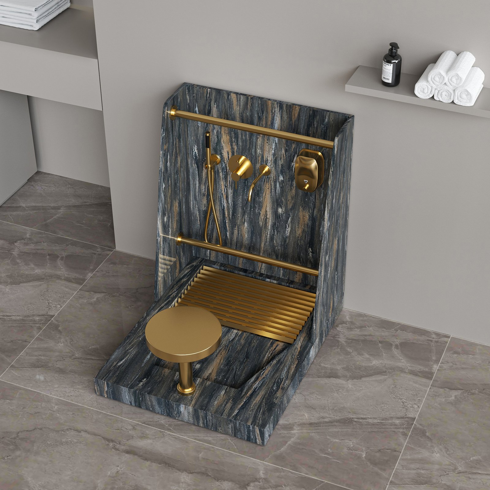 Luxury Dark Marble Wudu Sink with Gold Fittings | Solid Surface Mosque Ablution Washing Station - Image 3