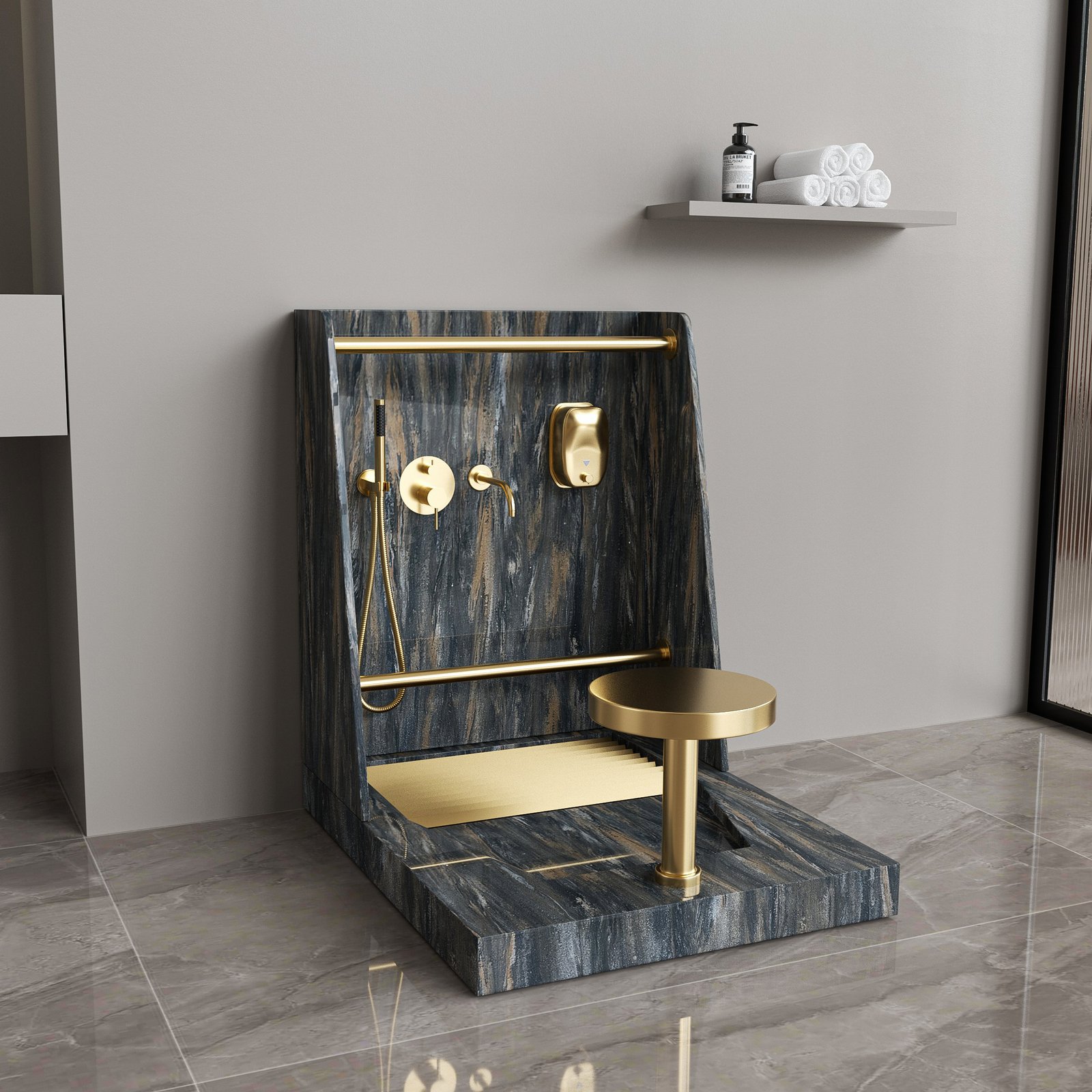 Luxury Dark Marble Wudu Sink with Gold Fittings | Solid Surface Mosque Ablution Washing Station - Image 2