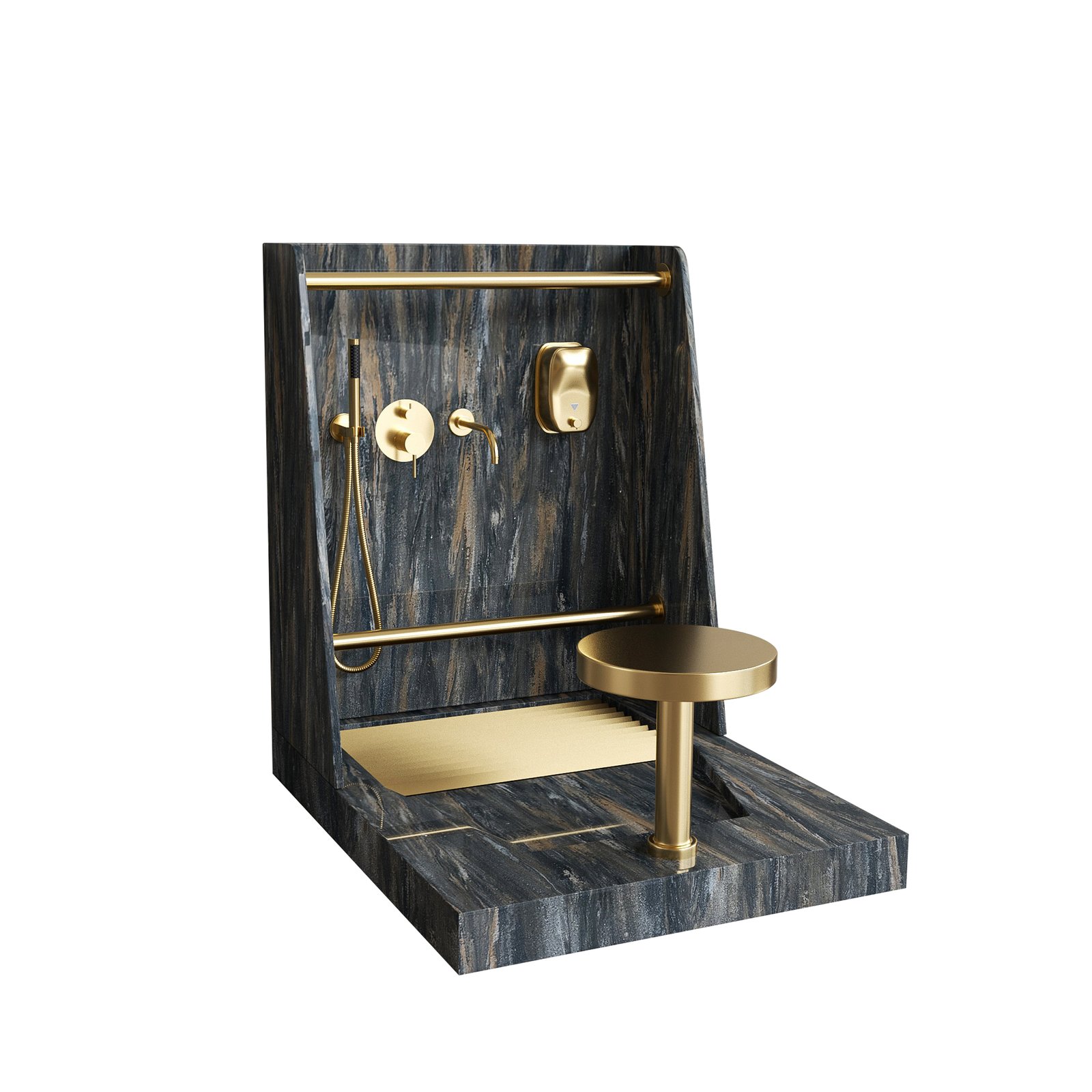 Luxury Dark Marble Wudu Sink with Gold Fittings | Solid Surface Mosque Ablution Washing Station