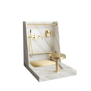 Beige Marble Wudu Wash Station with Gold Fixtures | Solid Surface Mosque Ablution Sink Unit