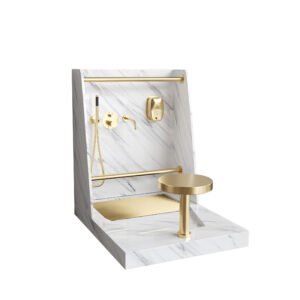 White Marble Wudu Foot Wash Basin with Gold Fixtures | Solid Surface Mosque Ablution Station