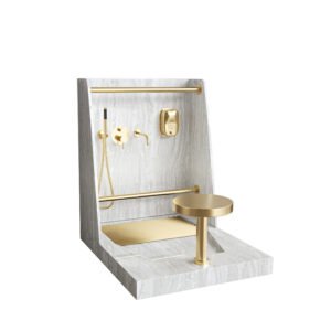 Light Grey Marble Wudu Wash Sink Unit with Gold Fixtures | Solid Surface Mosque Ablution Station