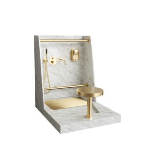 Cream Beige Marble Wudu Sink with Gold Fixtures | Solid Surface Mosque Ablution Basin